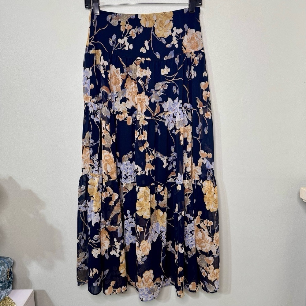 Ralph Lauren Floral Crinkle Georgette Tiered Maxi Midi Skirt Navy Cream Size 00 - Picture 6 of 16